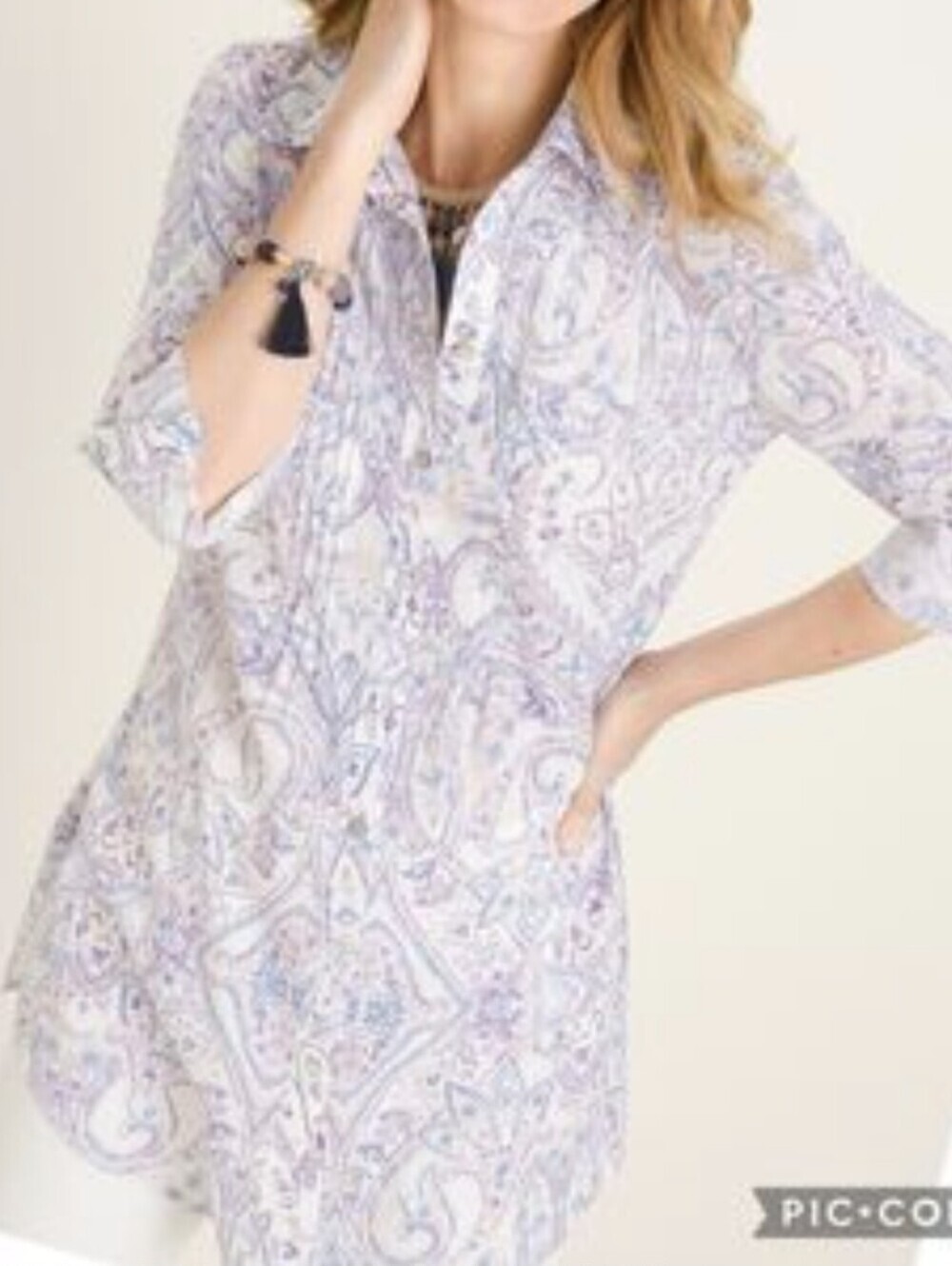 Chico's Womens Blouse Paisley Button-Up Sz 2 12.5 / 14 Cotton Roll Tab Sleeve